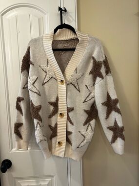 Cozy Star-Pattern Cream & Brown Cardigan Sweater